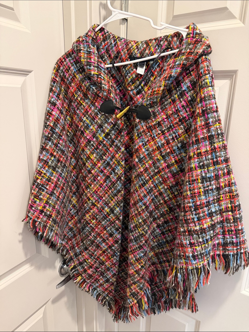 Multicolor Tweed Hooded Cape with Toggle Closure